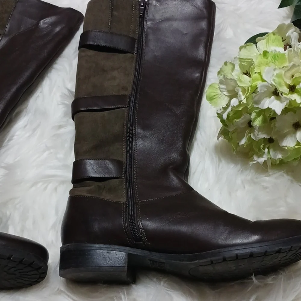 9&Co size 8 brown tall boots, with decoractive buckles. Man made materials.